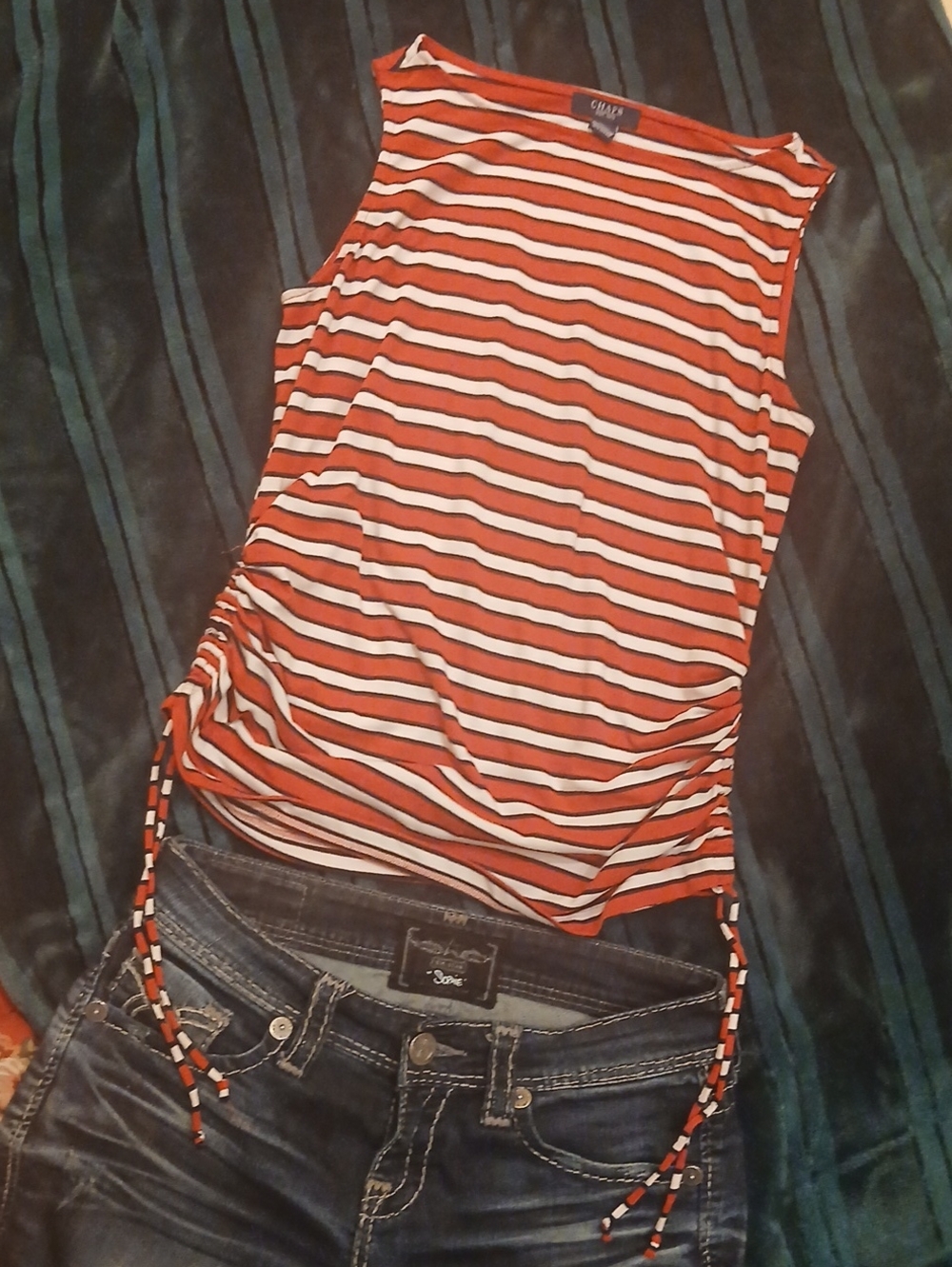 Chaps Red & White Striped Sleeveless Ruched Tank